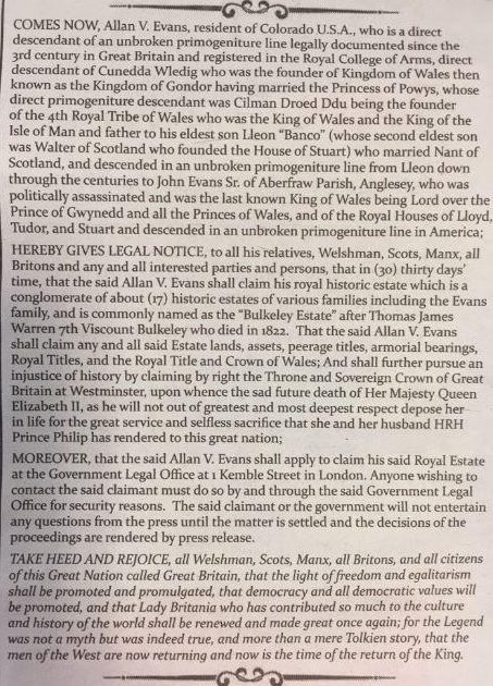 美国男子自称英国王位正统继承人 女王也是呵呵了！